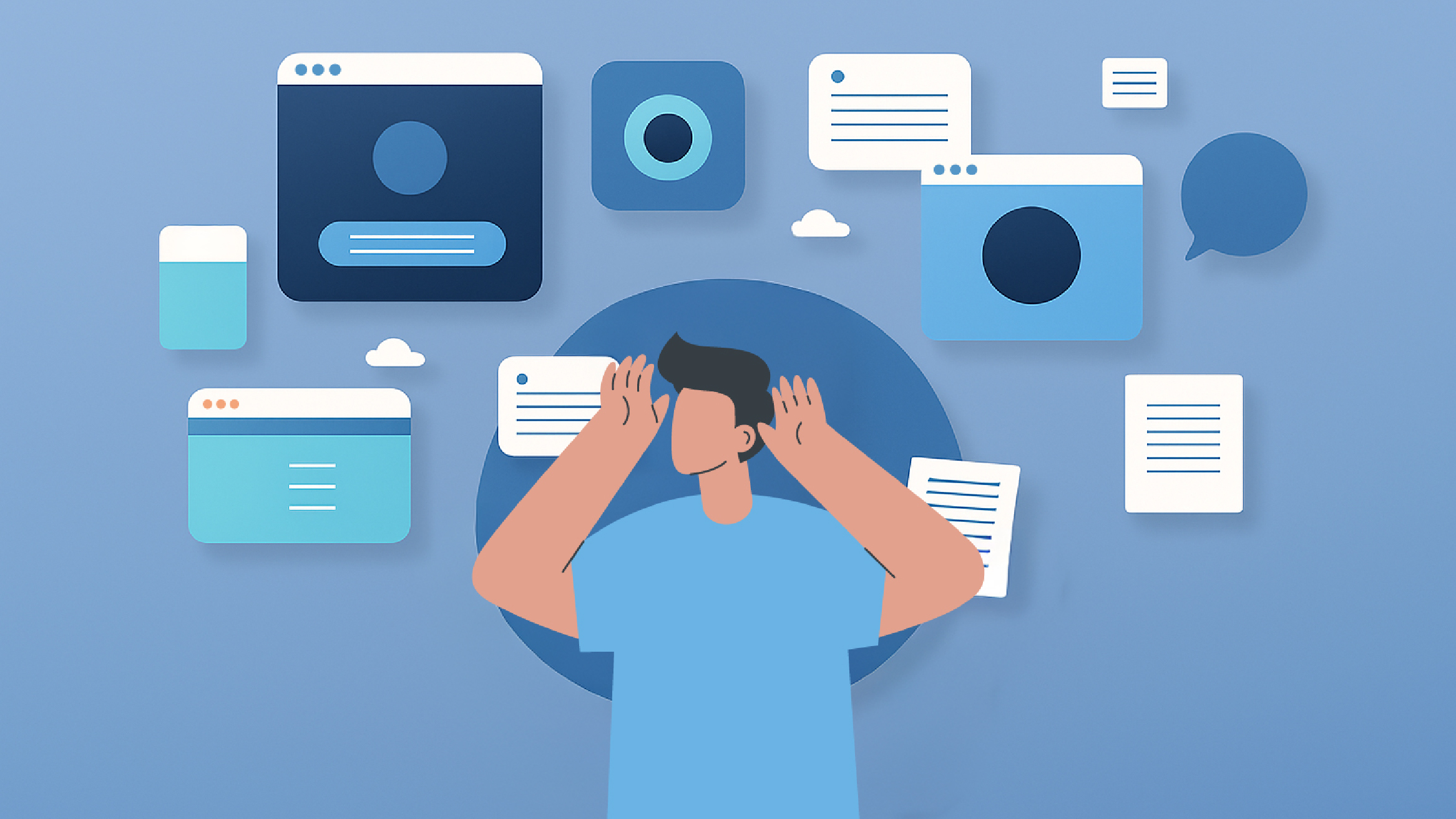 Illustration of a professional overwhelmed by digital content, representing the challenges of content strategy for B2B agencies.