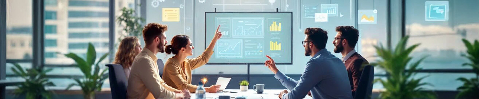 Business team analyzing data and discussing digital charts in a modern office, illustrating the enterprise software buying process and strategic decision-making.