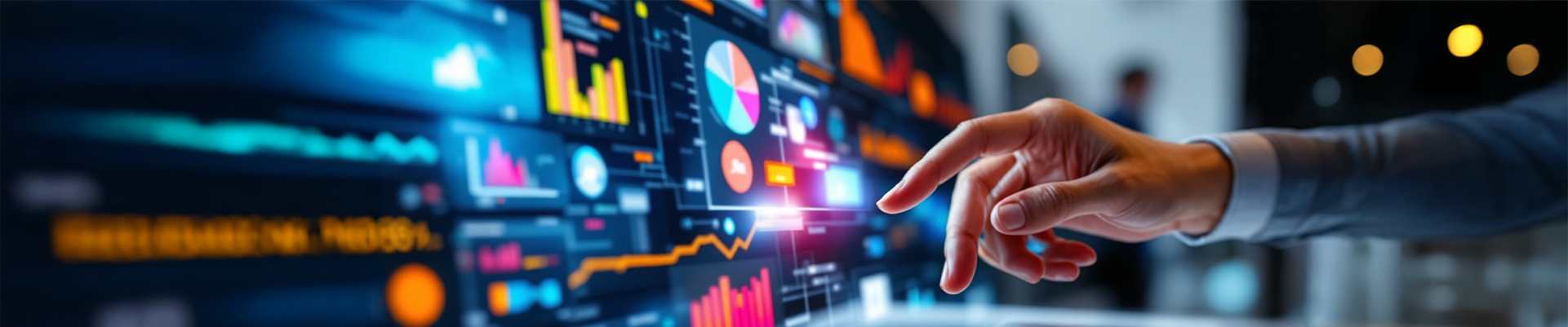 Hand interacting with digital dashboard of analytics, charts and data visualizations representing MarTech stack performance and marketing technology optimization.