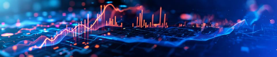 Digital data analytics visualization with glowing blue and orange graphs representing B2B marketing performance, technology growth, and business intelligence insights.