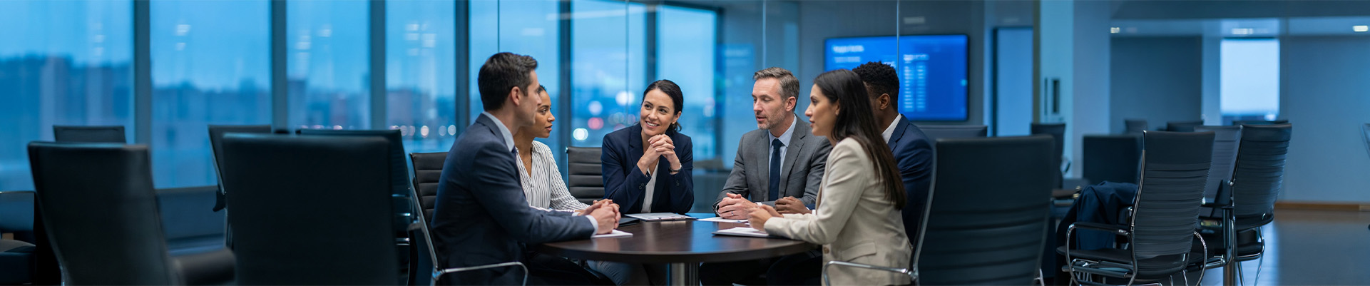 Marketing team meeting in a corporate office discussing strategy, data insights, and campaign planning for customer engagement and growth.